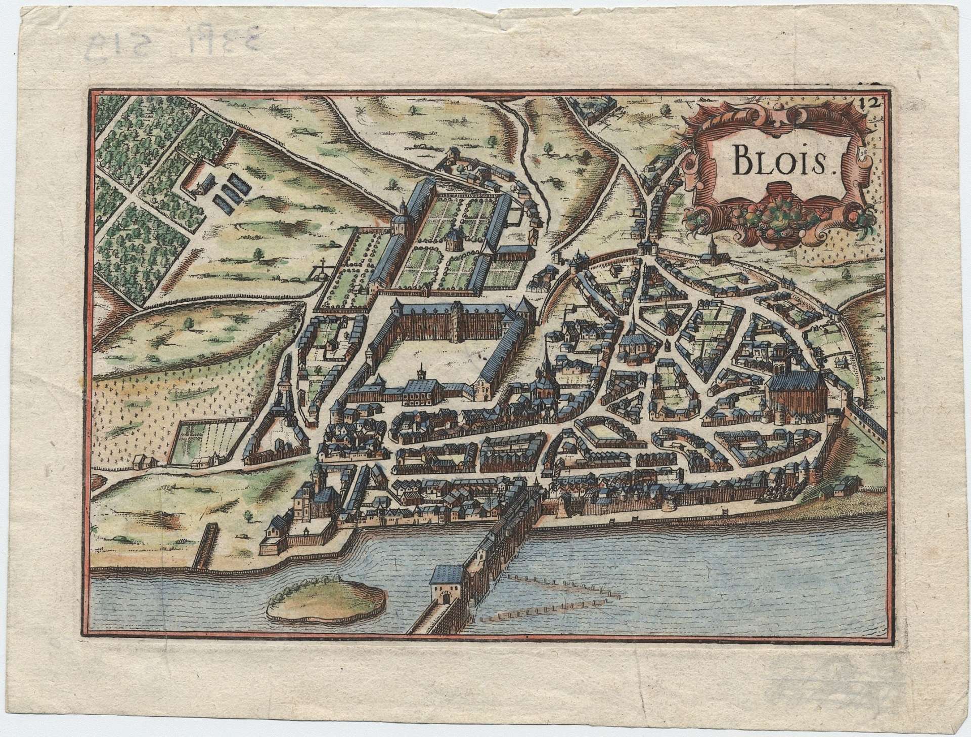 Blois - Vue cavalière de la ville enserrée dans des remparts, avec le faubourg de Vienne