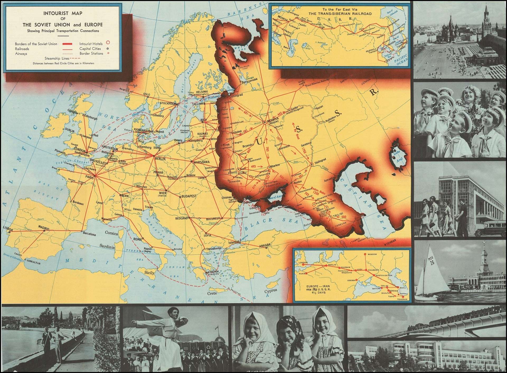 Affiche Intourist de 1939 publiée à New York, auteur inconnu : "Intourist map of the Soviet Union showing principal transportation connections".