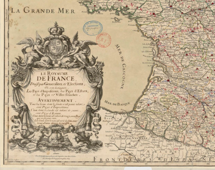 Le Royaume de France dressé sur les mémoires et nouvelles observations de Messieurs de l'Académie Royalle des Sciences ; divisé en toutes ses Generalitez et ses Acquisitions / [par le Sr. Jaillot] ; Cordier sculpsit, 1717