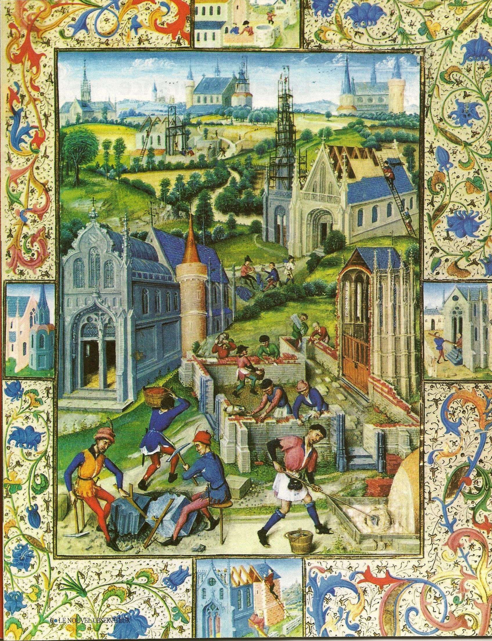 La construction de douze églises dans la ville de Saint-Denis, enluminure, 1448 (Österreichische Bibliothek, Vienne).
