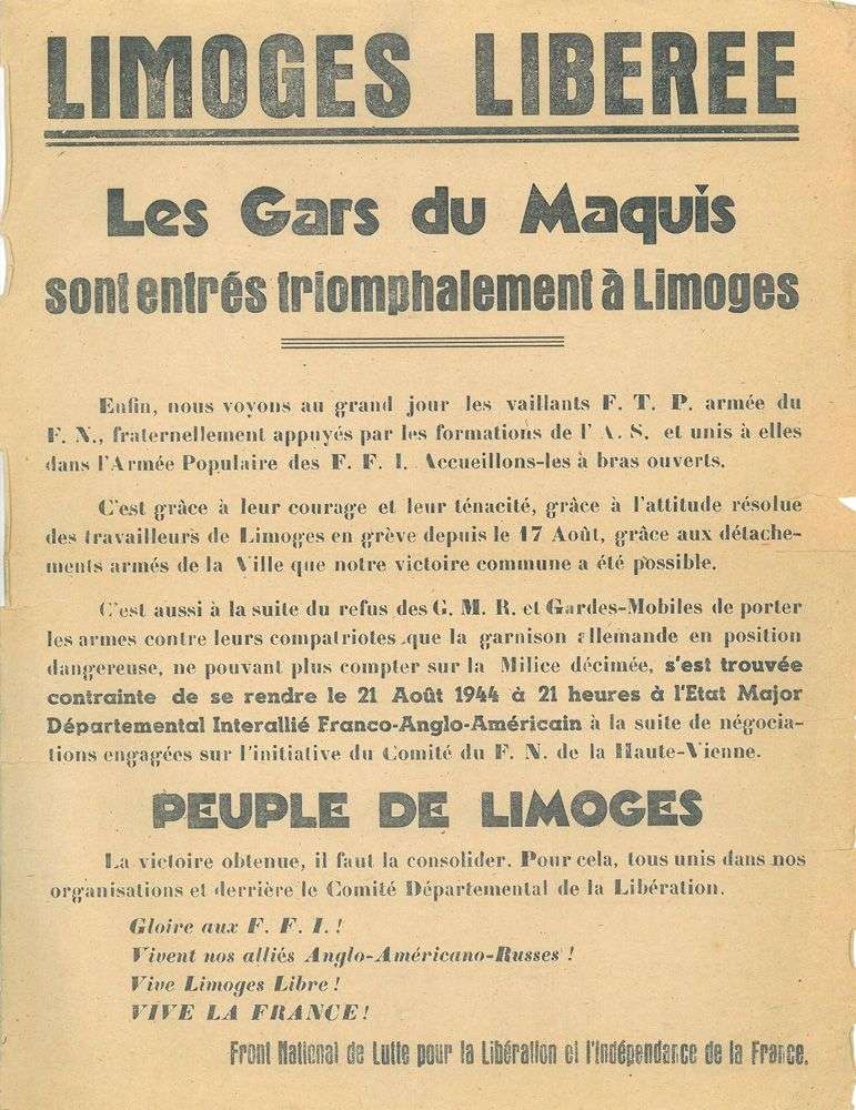 Affiche "Limoges libérée. Les gars du maquis sont entrés triomphalement à Limoges", journal Front national, août 1944.