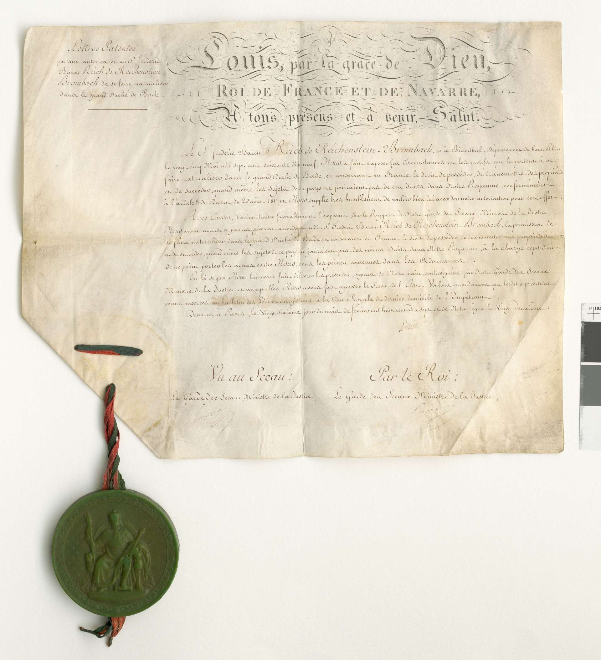 Lettre de naturalité en parchemin, accordée par Louis XVIII, à Frédéric baron Reich de Reichenstein-Brombach, 26 février 1817.