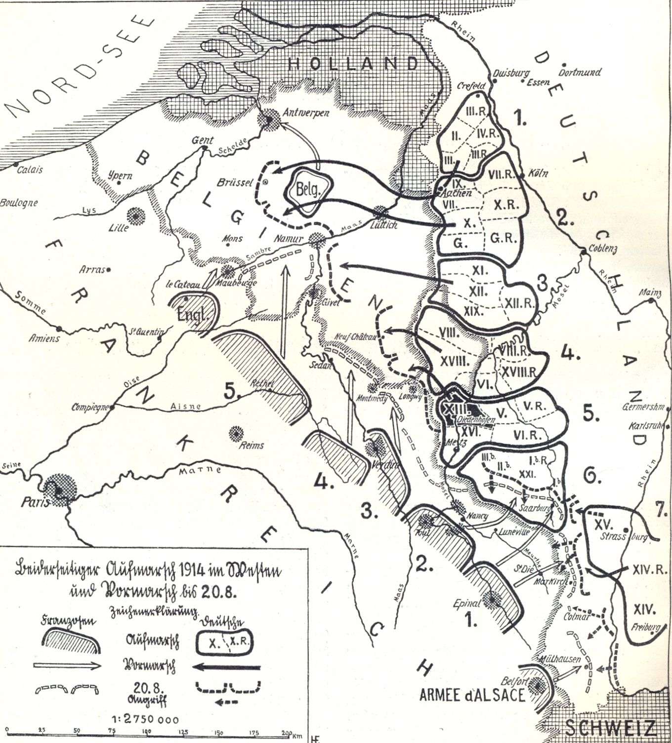 Karte: Beiderseitiger Aufmarsch 1914 im Westen und Vormarsch bis 20.8.
Date	2009
Source	gescannt aus Georg von Moser (1860-1931), „Die Württemberger im Weltkrieg“, Seite 4
