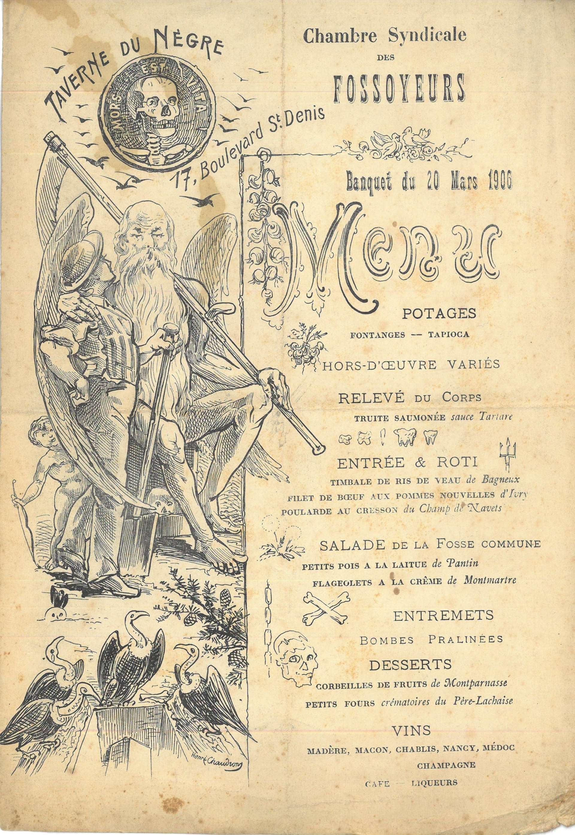 Menu du banquet des fossoyeurs, lithographie, 1906.