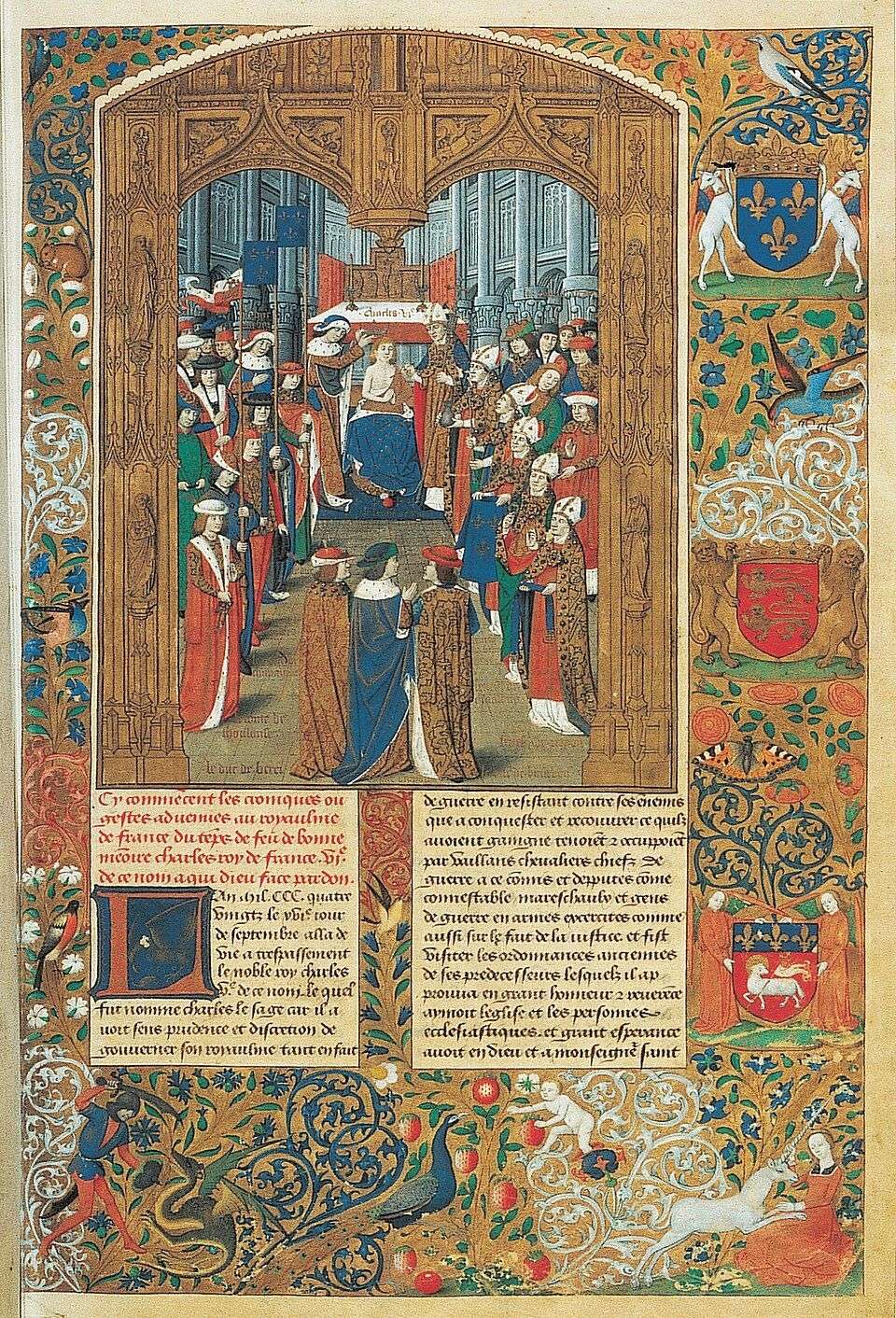 Enluminure représentant le sacre de Charles VI. Paris, BNF, manuscrit Français 2596, Chroniques de Charles VI et Charles VII, fol. 5, XVe s.