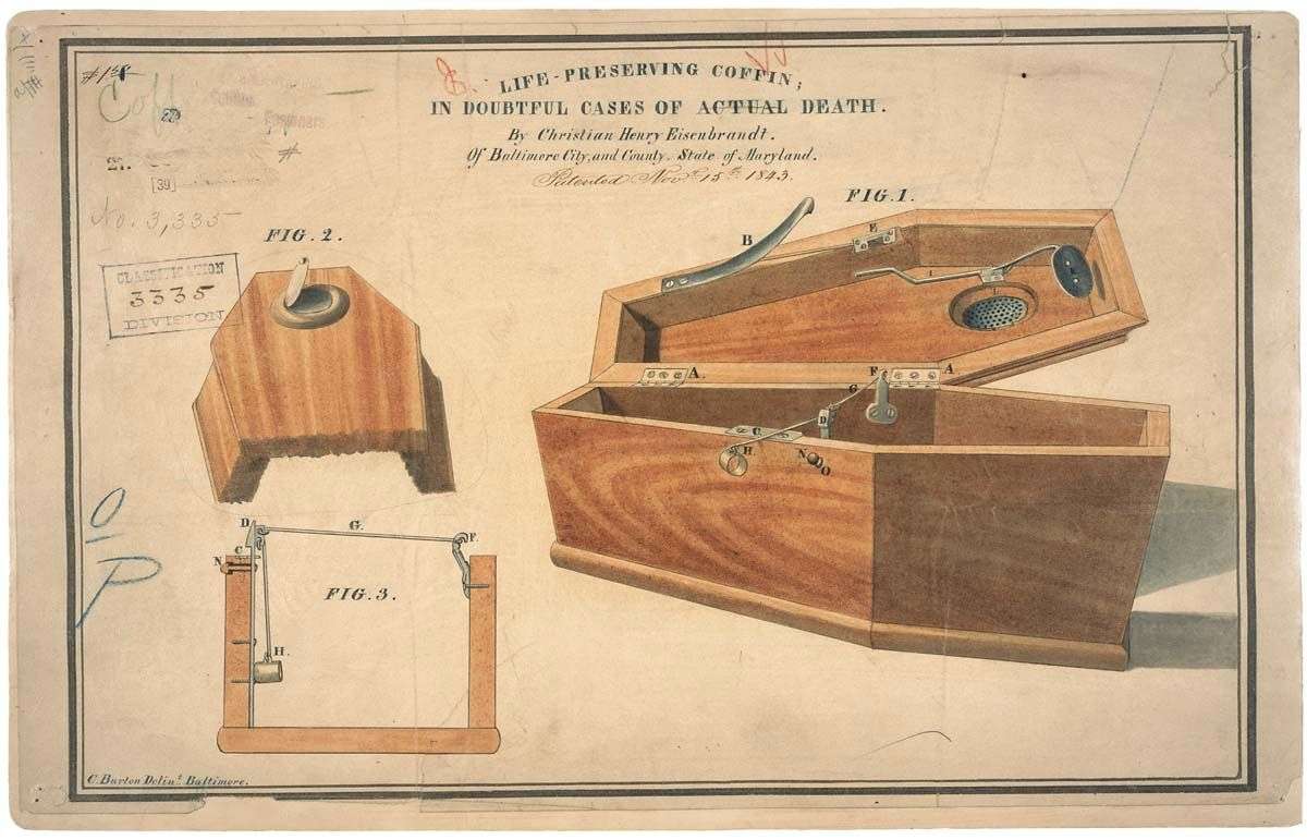 Department of the Interior. Patent Office, “Drawing for a Life-Preserving Coffin invented by Christian H. Eisenbrandt” (15 novembre 1843)