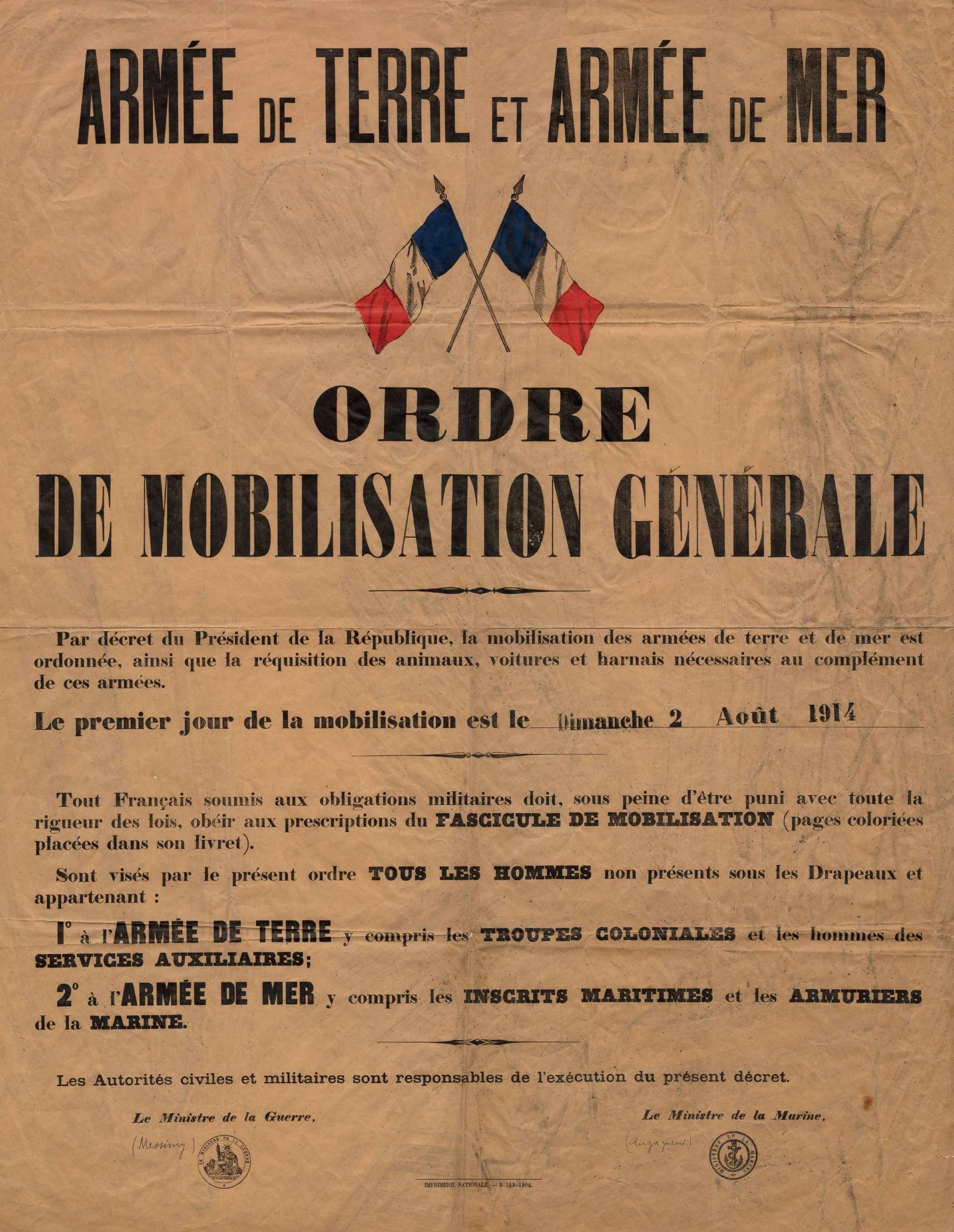 Affiche de l'ordre de mobilisation générale du 2 août 1914.
