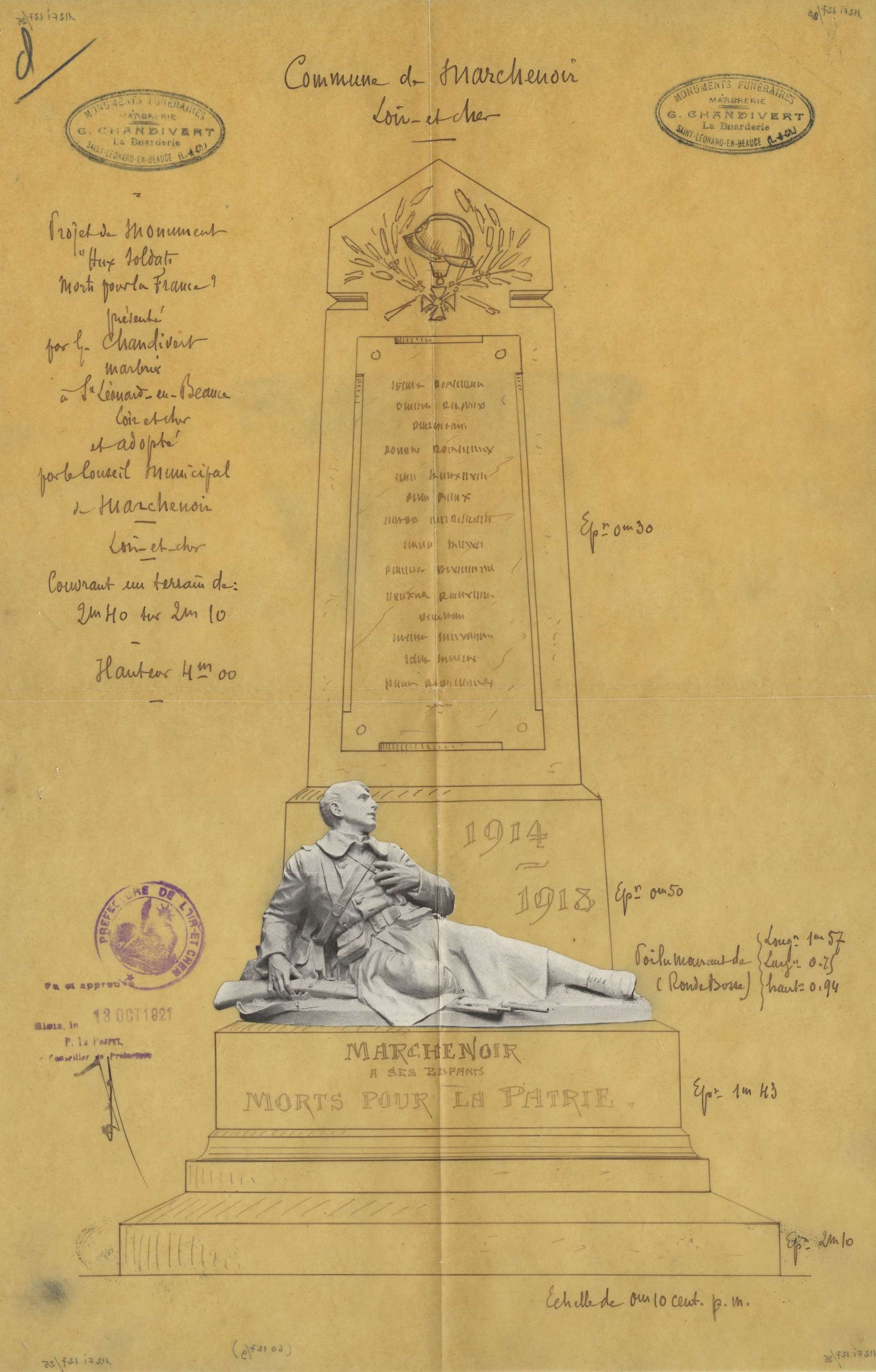 Projet de monument aux morts pour la commune de Marchenoir (Loir-et-Cher), plan sur calque, 1921.
