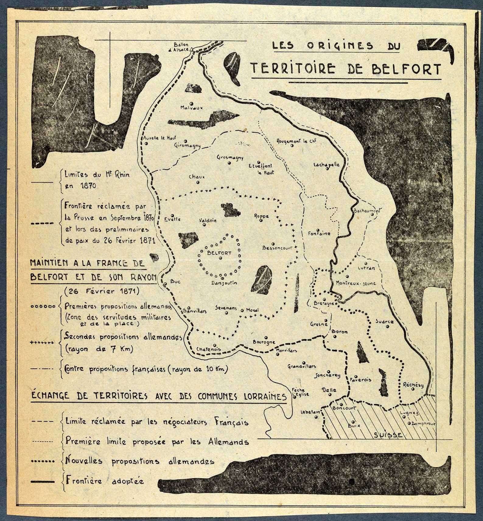 Belfort et son territoire après 1871, carte de l'évolution des limites du département du Haut-Rhin resté français après l'annexion allemande de l'Alsace.
Archives départementales du Territoire de Belfort, 2 Fi 16