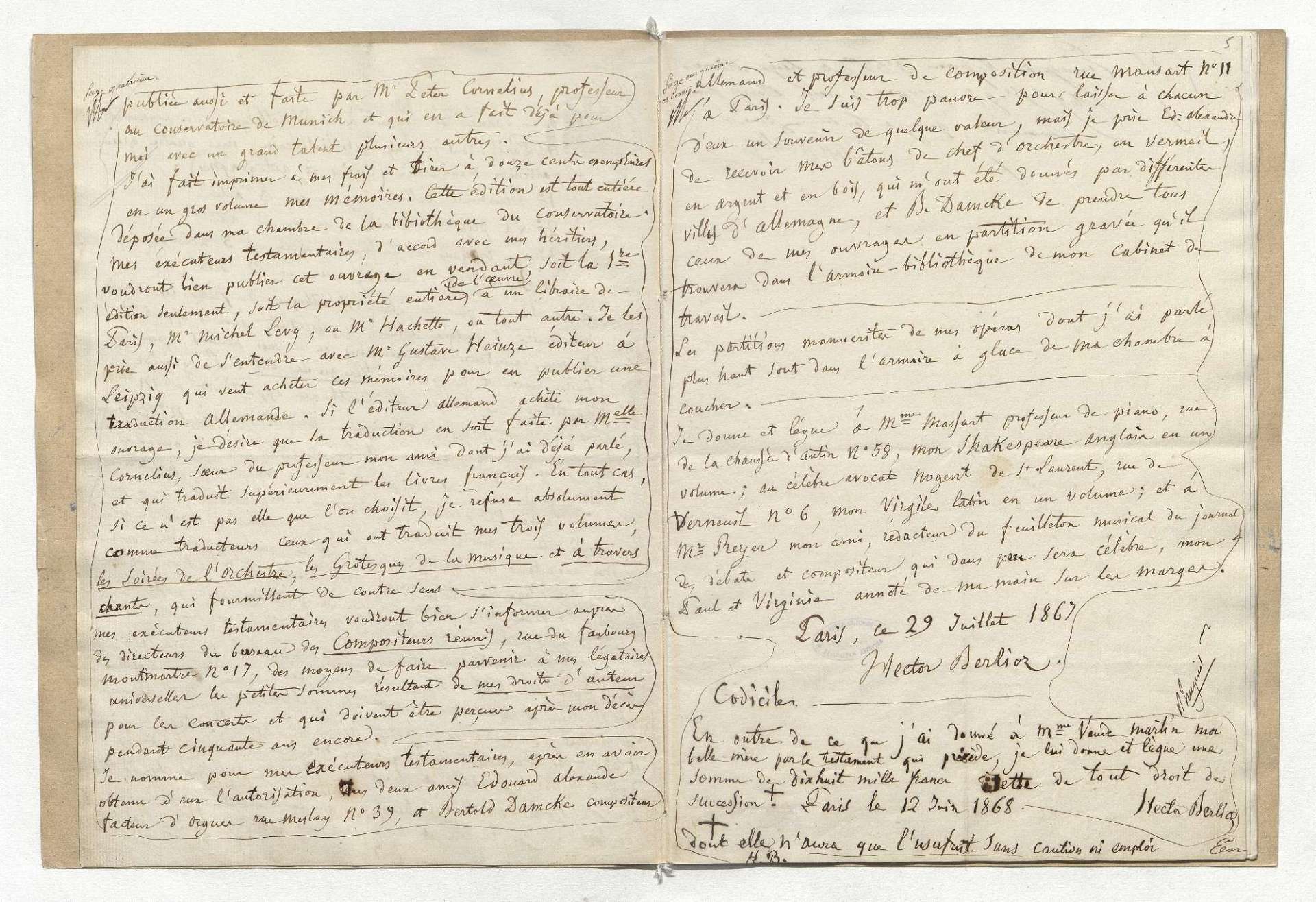 Testament olographe de Hector Berlioz, en date du 29 juillet 1867, déposé le 9 mars 1869 chez Me Gatine (Arch. nat., MC/ET/XVI/1303 [RS//643]).