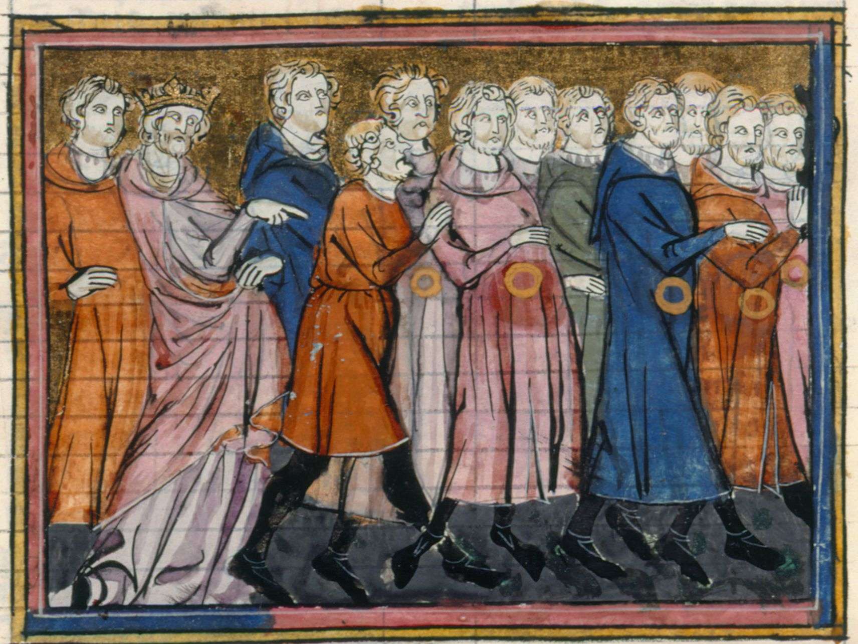 Philippe Auguste chassant les Juifs, reconnaissables à la rouelle jaune cousue sur leurs manteaux, Maître du Roman de Fauvel, enluminure des Grandes Chroniques de France (avant 1320)
