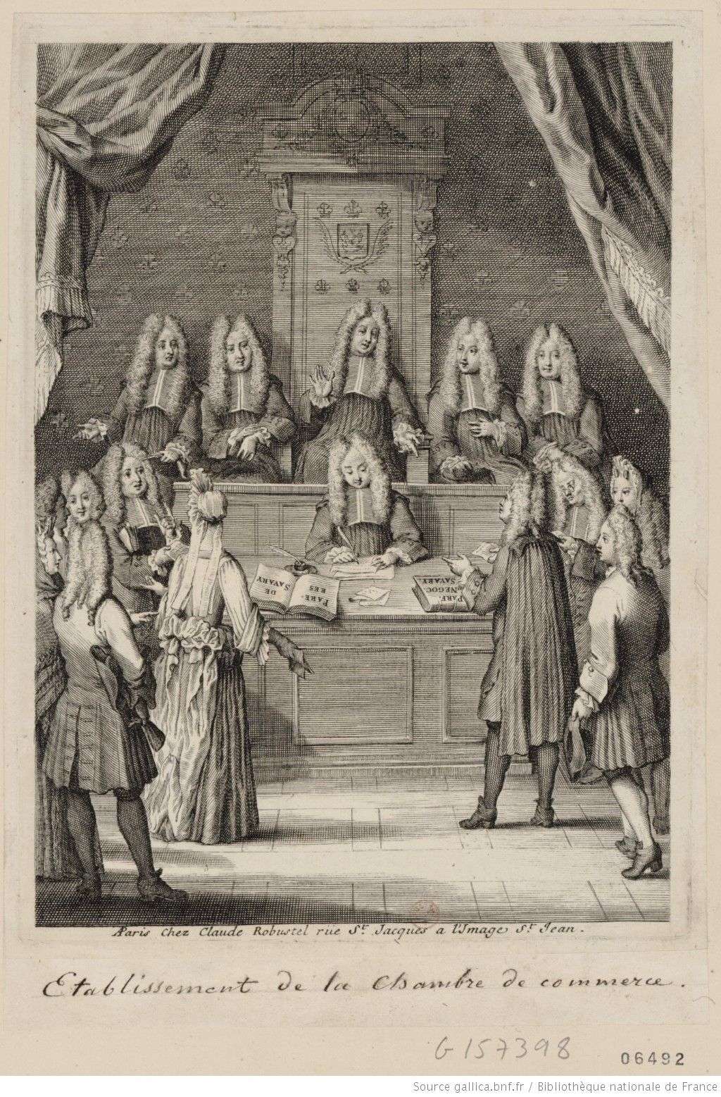Etablissement de la Chambre de Commerce, estampe, Paris, Claude Robustel, vers 1700, BNF.