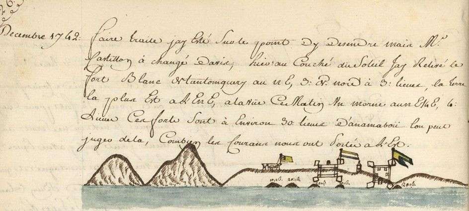 Journal de bord de la Comtesse (1742-1744) armée par la compagnie des Indes
vue d’Accra avec ses forts, page 15 - - MAR/4JJ/71/34,
