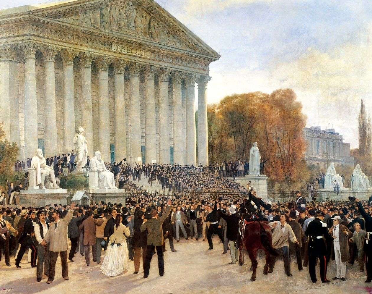 L'annonce de l'abolition du régime impérial devant le palais du corps législatif (à Paris), le 4 septembre 1870