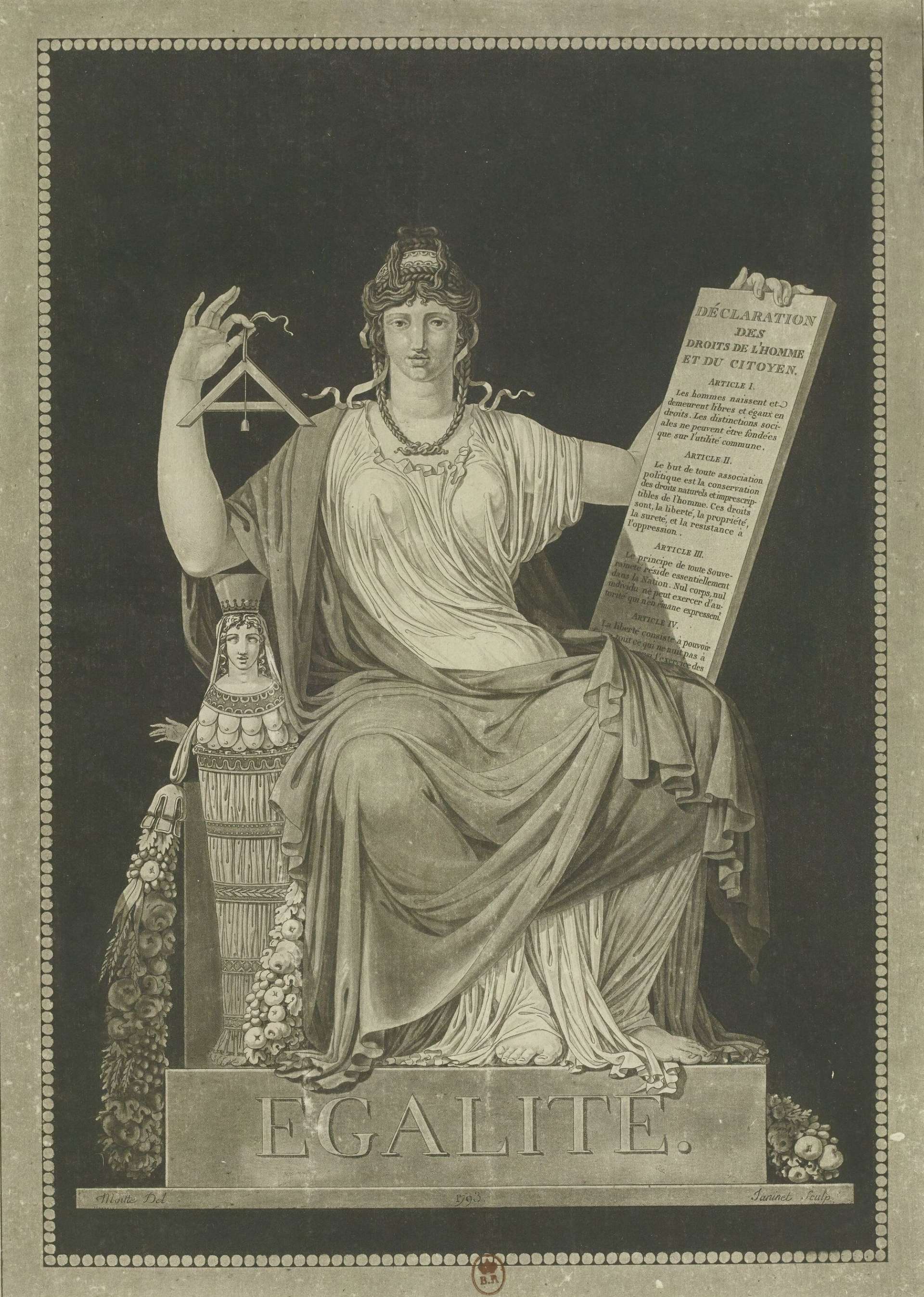 galité. : [estampe] / Moitte. Del ; Janinet sculp.
Auteur : Janinet, Jean-François (1752-1814). Graveur
Auteur : Moitte, Jean-Guillaume (1746-1810). Dessinateur du modèle
Date d'édition : 1778-1795