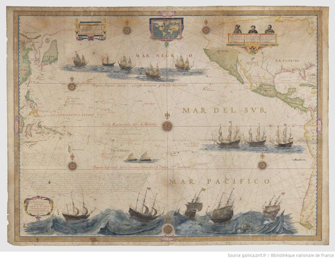 Hessel Gerritsz, Mar del Sur. Mar Pacifico, carte marine sur parchemin, 107 x 141 cm, Paris, Bibliothèque Nationale de France