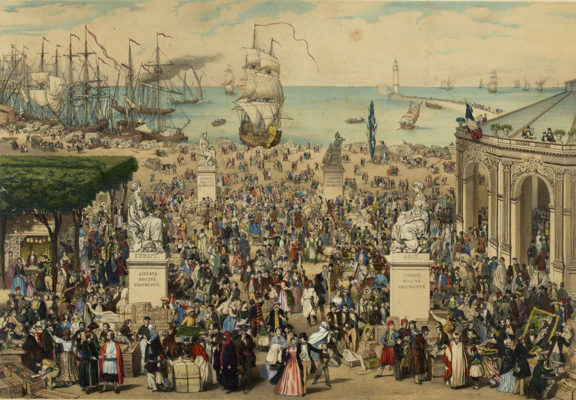 Frédéric Sorrieu (Marie-Cécile Goldsmit), Un marché sous la République universelle, démocratique et sociale, Lithographie, circa 1848, Musée Carnavalet (CCO 1.0 Universal).