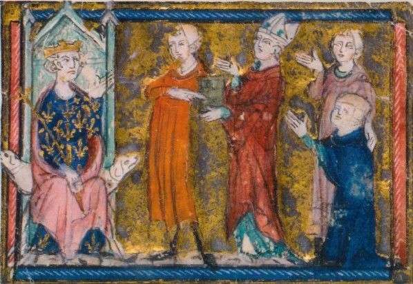 Fête de la chevalerie des fils de chevalerie des fils de Philippe le Bel (juin 1313). Le roi reçoit les représentants de la ville de Paris.
BNF ms. lat. 8504, fol. 1 (détail)
En couverture de Lalou E., Itinéraire de Philippe IV Le Bel (1285-1314), Paris, De Boccard, 2007, vol. 1.