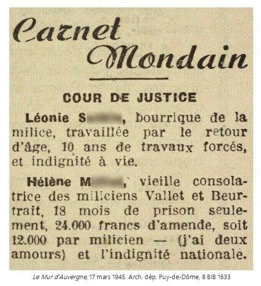 Extrait du journal "Le Mur d'Auvergne" du 17 mars 1945 annonçant les peines infligées à deux femmes reconnues coupables de collaboration.