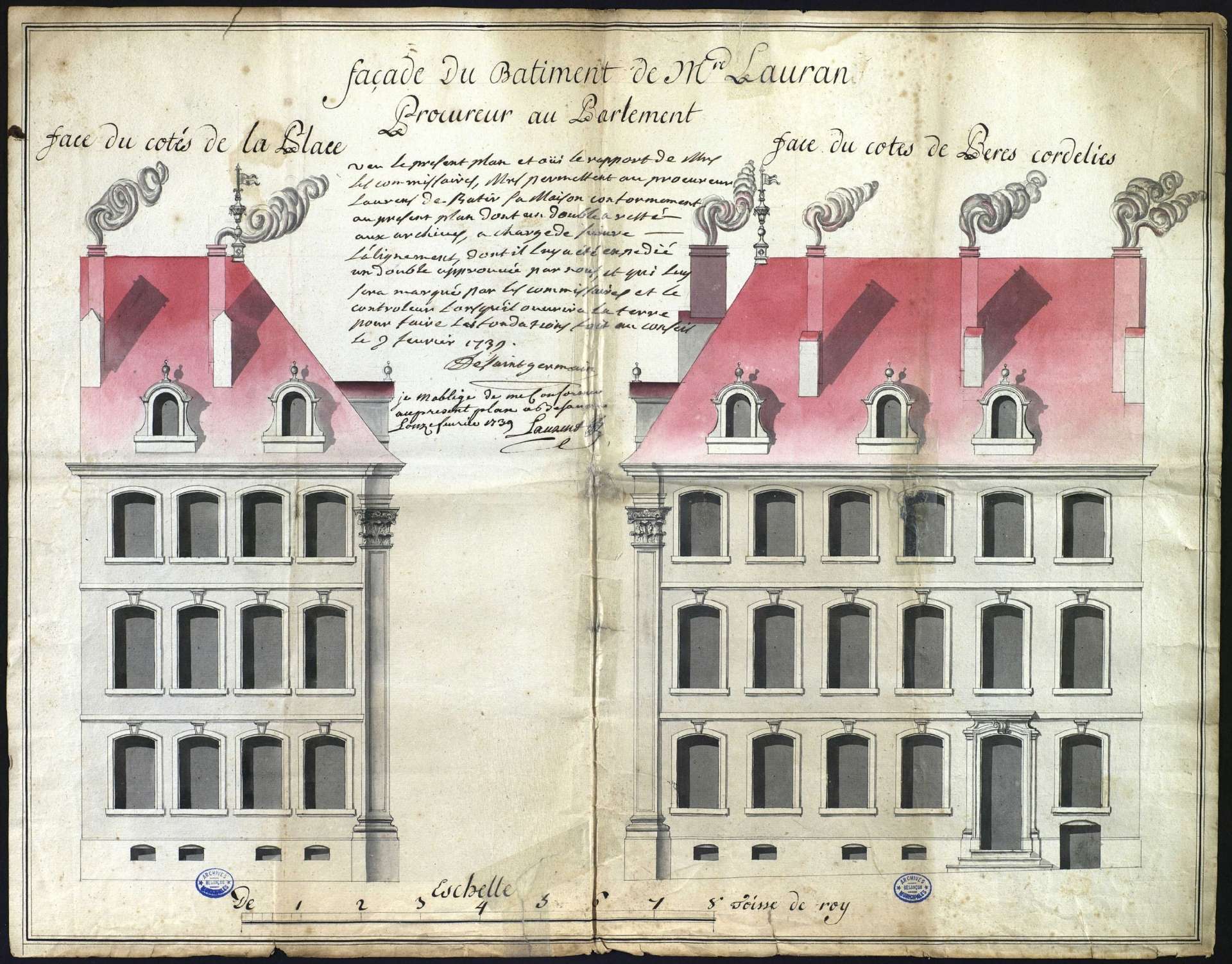 Autorisation de construction de la maison de Laurant, procureur au parlement de Besançon, 1739