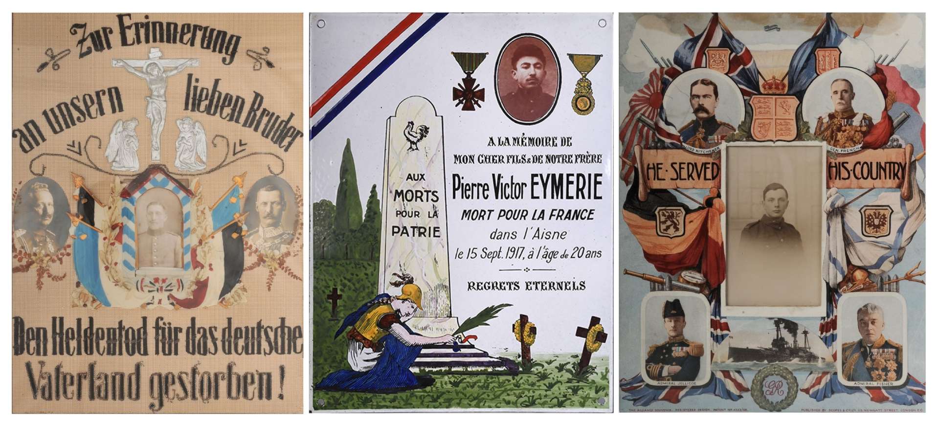 Trois "tableaux" funéraires : Allemagne, France, Royaumes-Unis, Collection Historial de la Grande Guerre. Composition Christine Caze.
