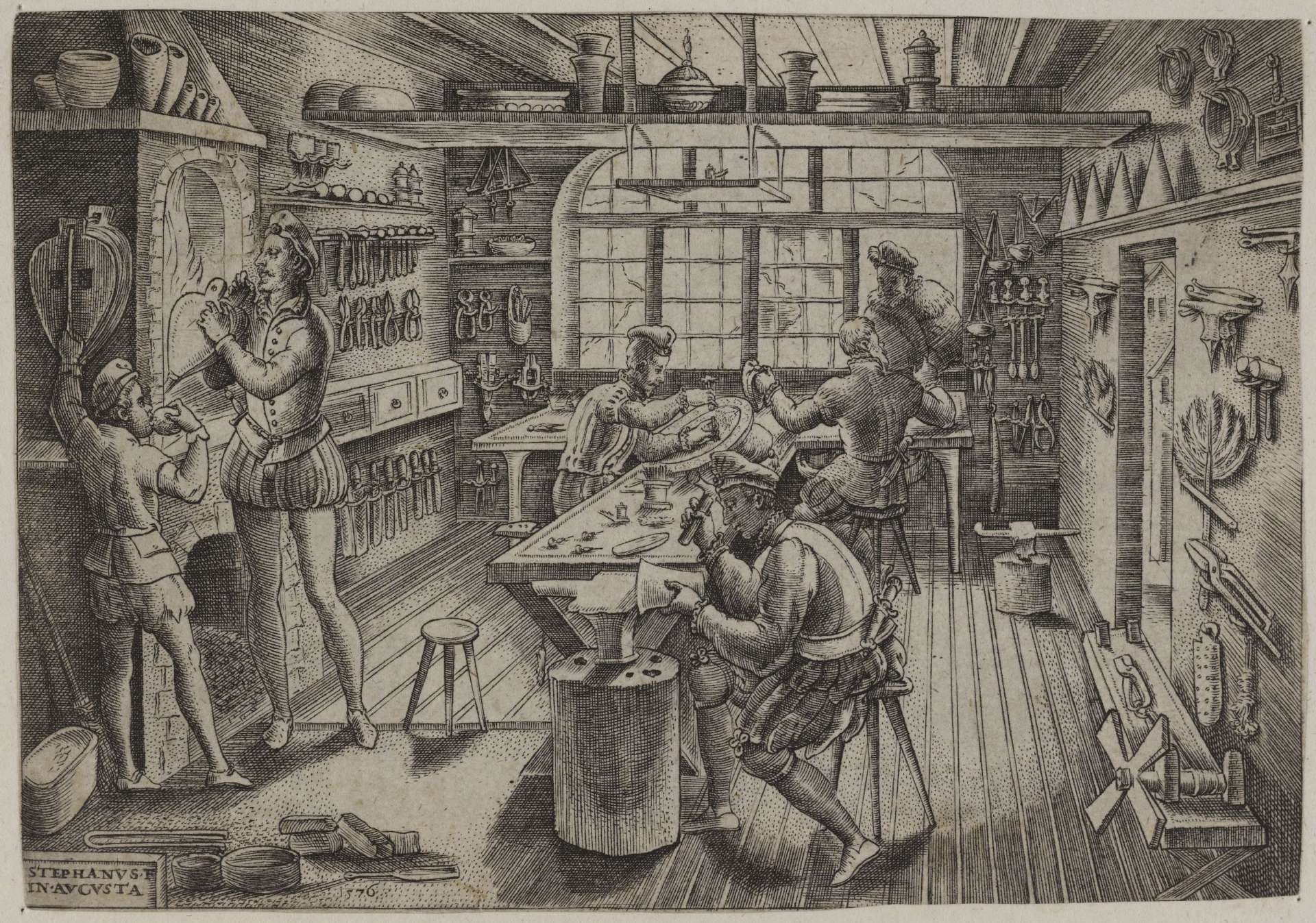 Etienne Delaune, Atelier d’orfèvres (2), estampe, XVIe siècle (Musée des Beaux-Arts de la Ville de Paris, Petit Palais).