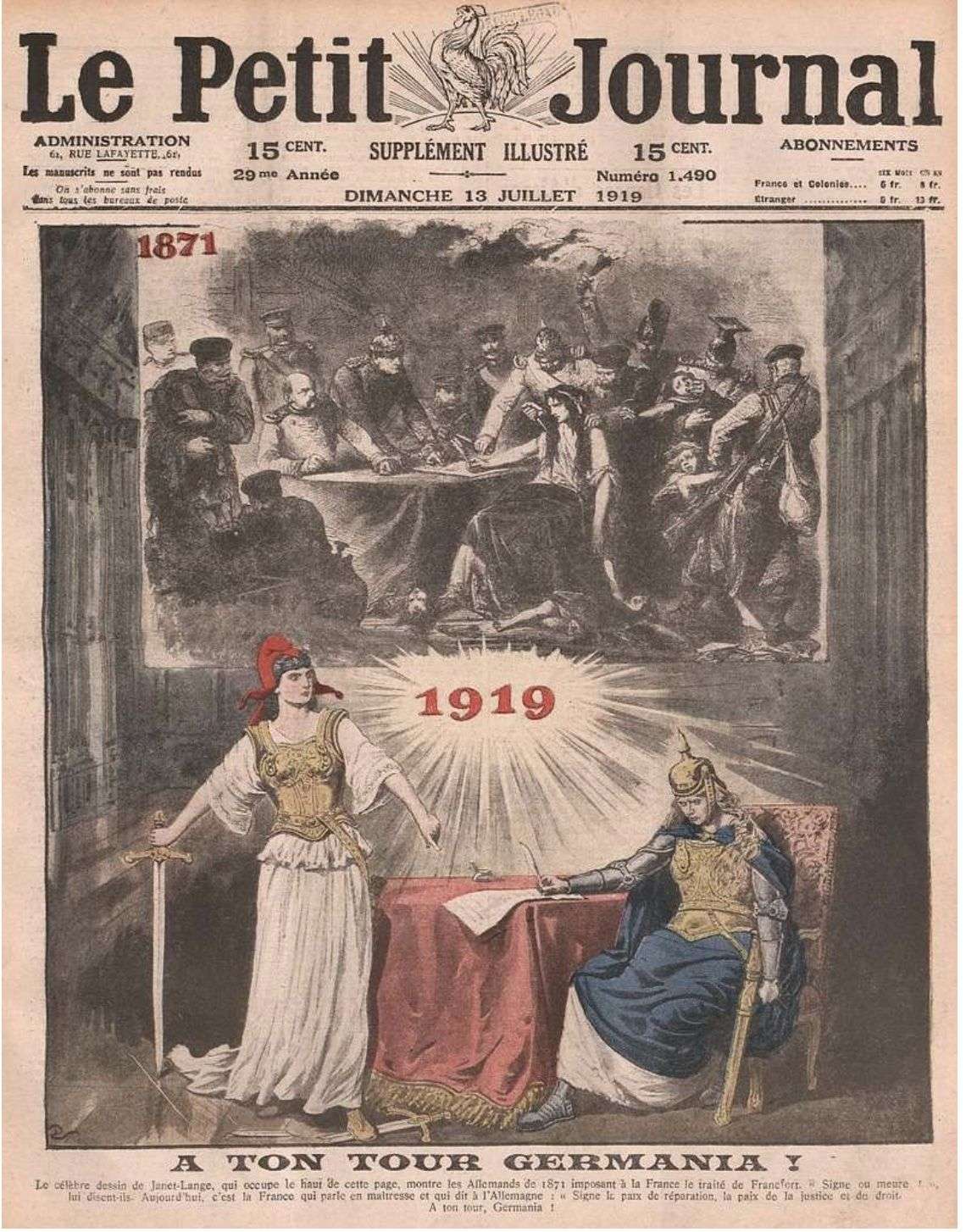 Marianne et Germania, soeurs ennemies - "Une" du supplément illustré du Petit Journal du 13 juillet 1919.