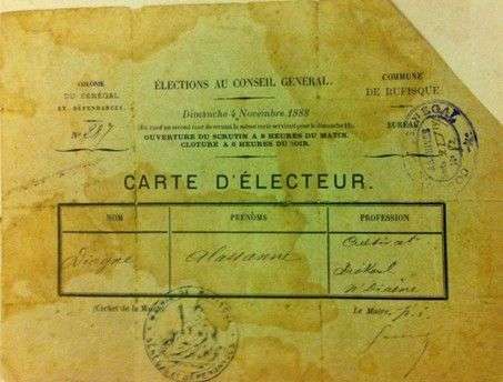 Carte d’électeur d’un citoyen de Rufisque (Sénégal), 1888 